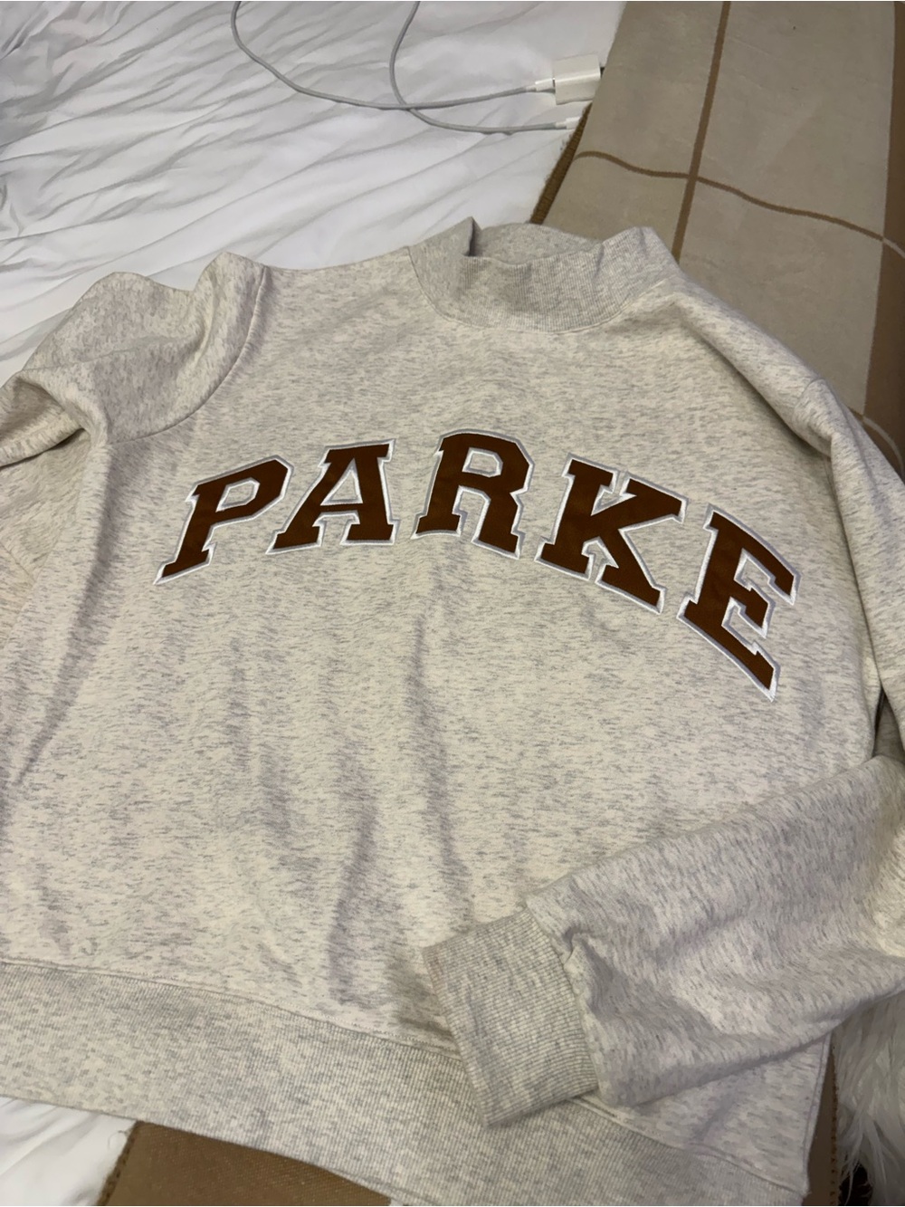 Parke Crewneck Sweatshirt in Light Heather Gray with Brown Lettering